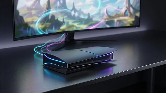 futuristic gaming console and immersive display Console de jeu futuriste avec écran lumineux.