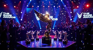 Cérémonie des Game Awards avec trophée.