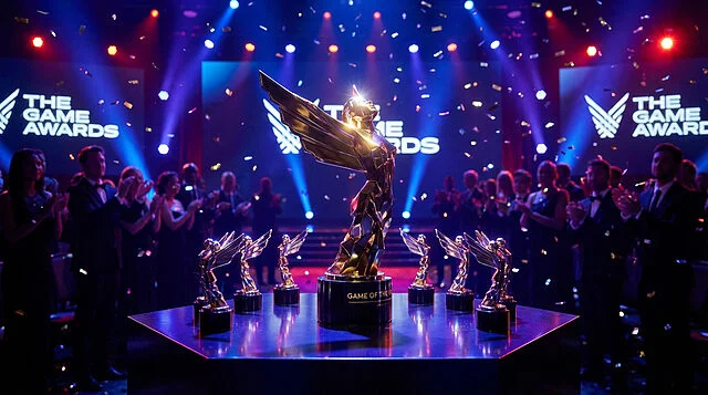 game of the year triumph the game awards celebration Cérémonie des Game Awards avec trophée.