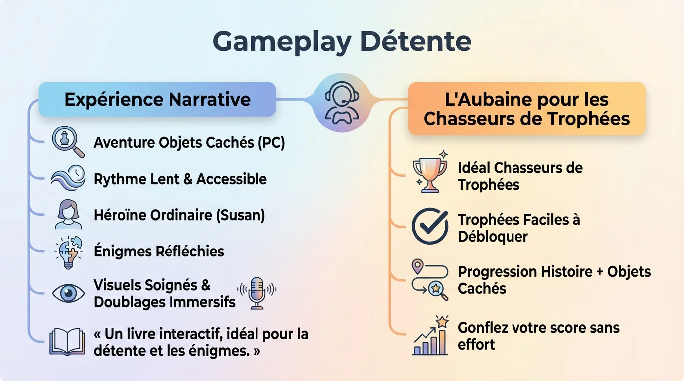 Infographie illustrant le gameplay relaxant et les trophées faciles de Lost Lands sur PS5