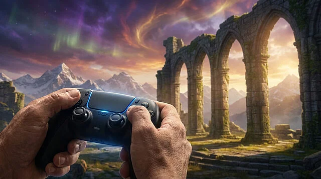 gaming adventure in a magical realm Joueur explorant un paysage fantastique avec une manette.