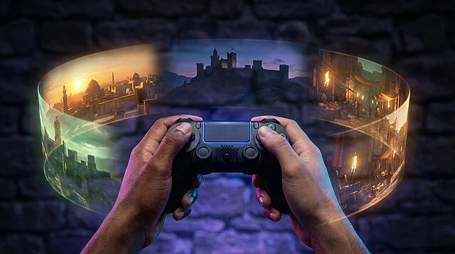 Main tenant une manette de jeu, scènes virtuelles visibles.
