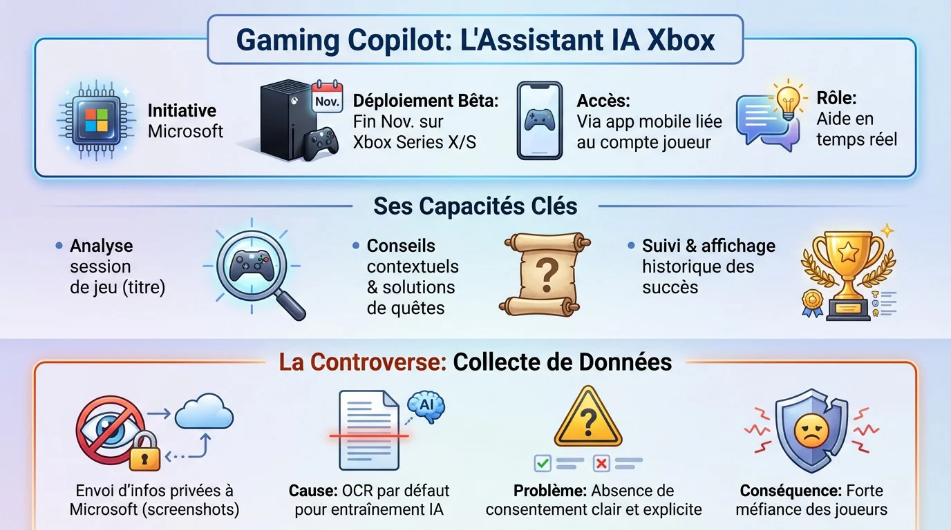 Interface de Gaming Copilot sur Xbox analysant des données de jeu et options de confidentialité