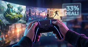Promotion sur jeux vidéo, manette en main, réduction 33%