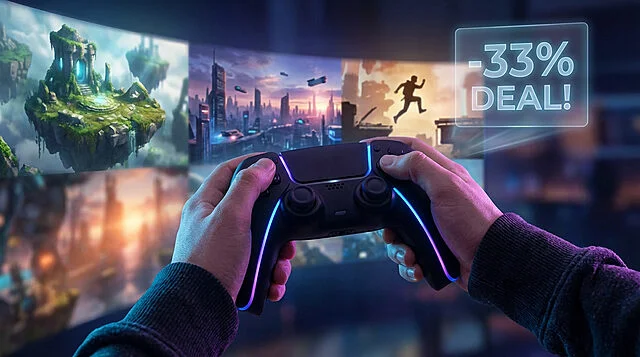 Promotion sur jeux vidéo, manette en main, réduction 33%
