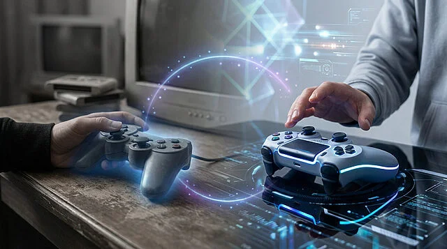 gaming evolution past present and future Deux personnes utilisant des manettes de jeu vidéo