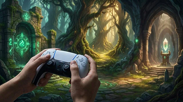 gaming portal to a fantasy realm Joueur explore forêt magique avec manette.