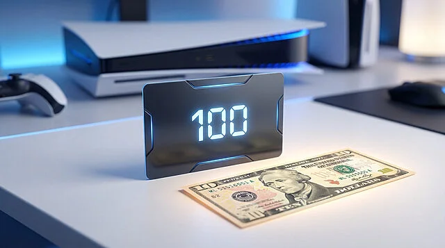 gaming value 100 card and dollar10 bonus on desk Console avec écran affichant 100, billet de 10$