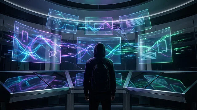 gamings digital frontier Personne devant écrans holographiques futuristes