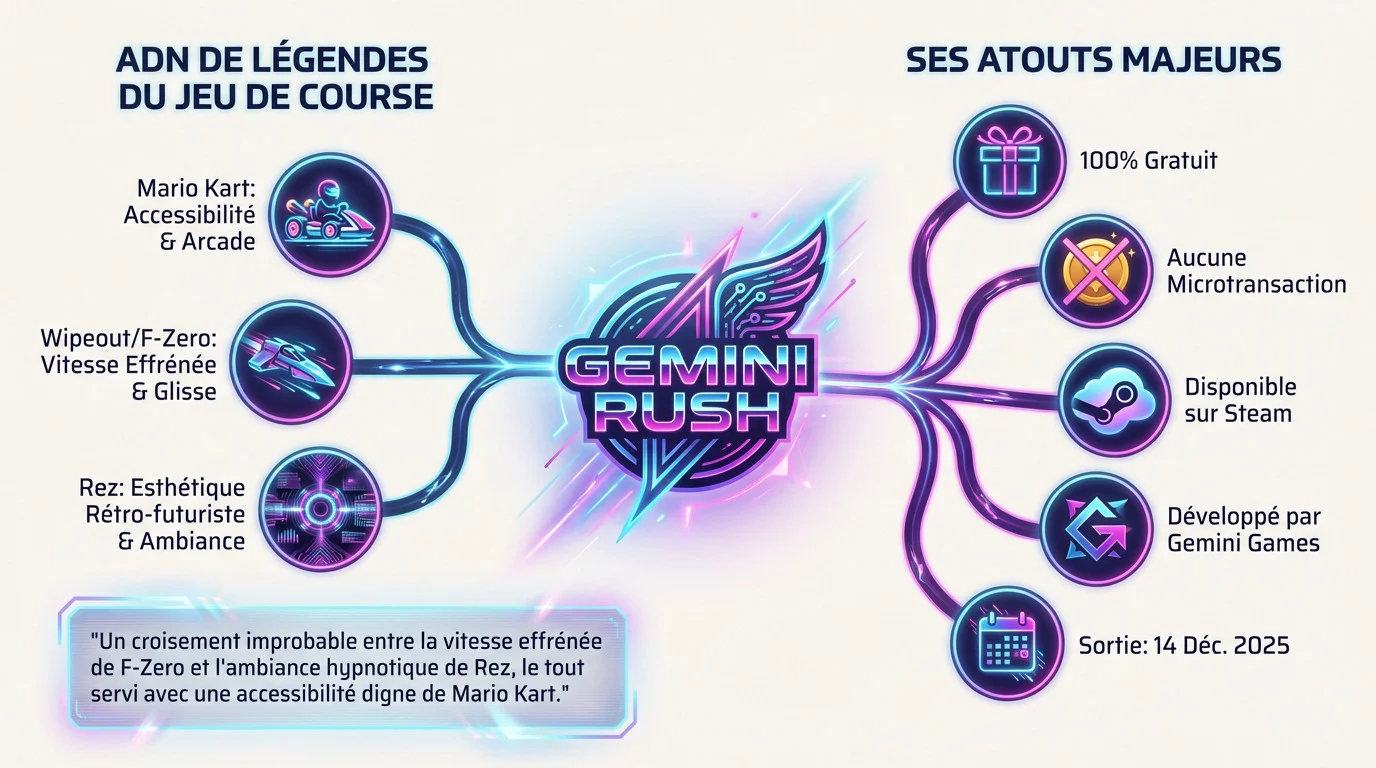 Aperçu du gameplay rétro-futuriste de Gemini Rush avec ses véhicules monoroues