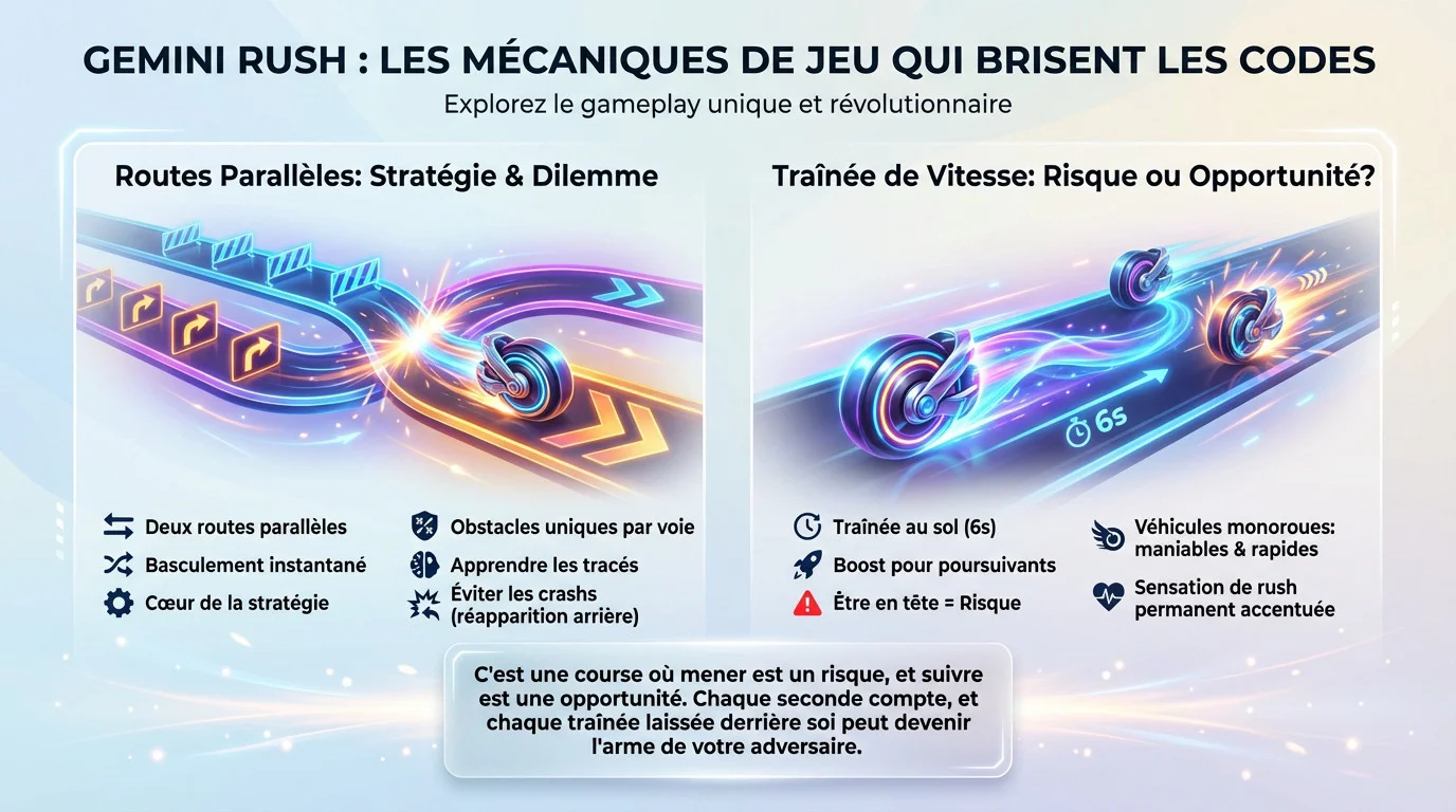 Véhicules monoroues futuristes s'affrontant sur les deux routes parallèles de Gemini Rush