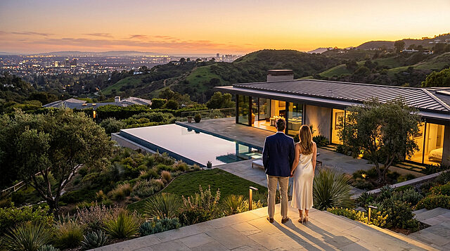 featured image from wisewand Couple admire le coucher de soleil, maison moderne.