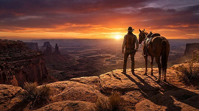 Cowboy et cheval admirant le coucher de soleil