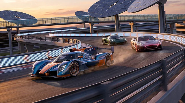 gran turismo 7 spec iii cars speeding on modern track Trois voitures de course sur circuit futuriste.