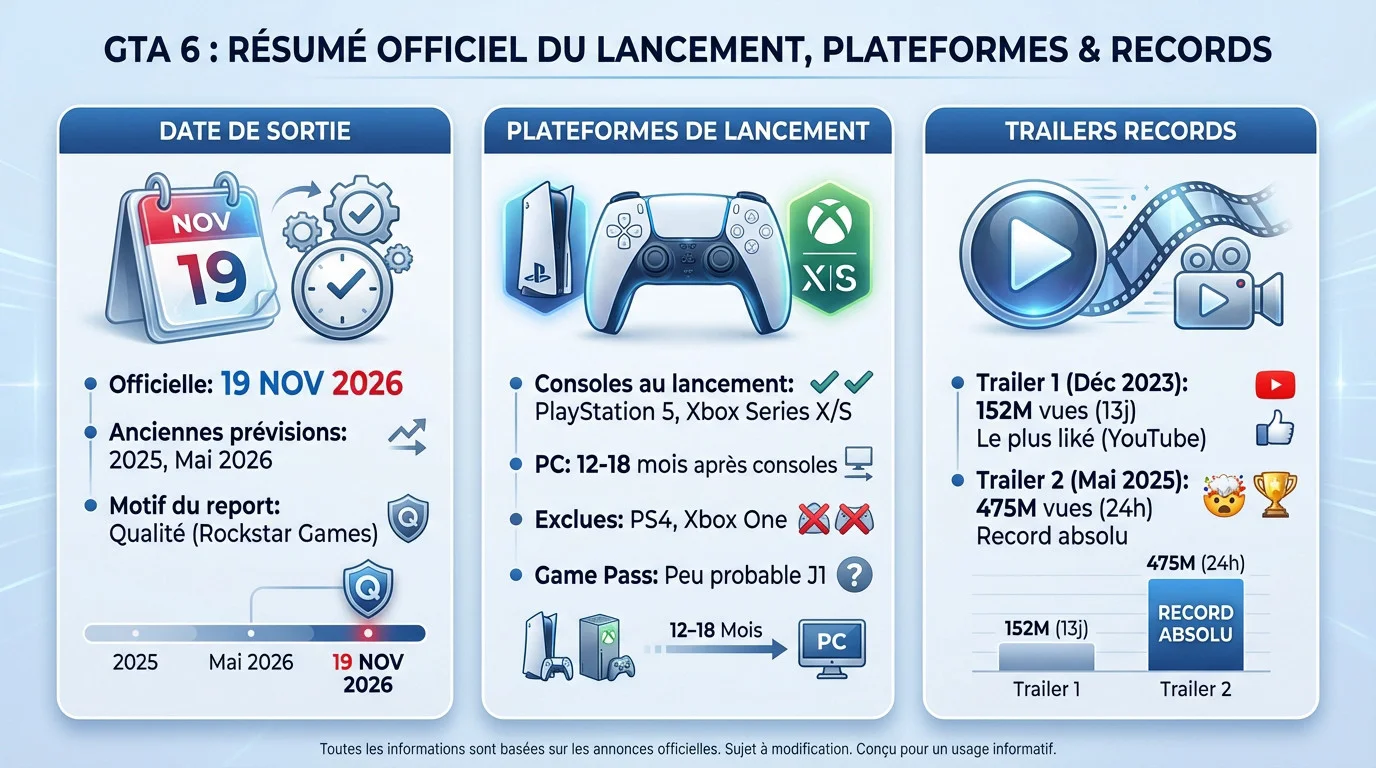 GTA 6 résumé officiel du lancement, plateformes et records