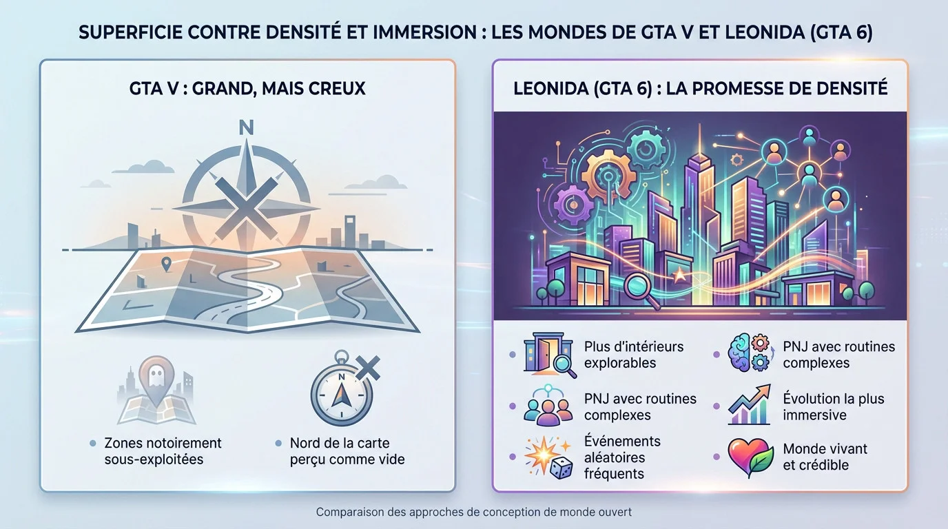 Comparaison carte GTA 5 vs GTA 6 Leonida : superficie, densité et immersion