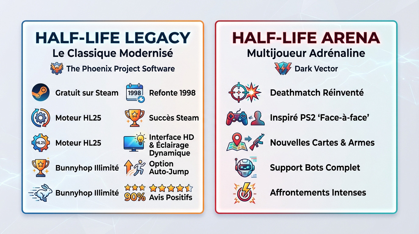 Comparatif des caractéristiques clés des jeux gratuits Half-Life Legacy et Half-Life Arena sur Steam