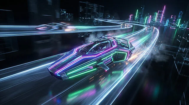 high speed neon anti gravity race Course de voitures futuristes avec lumières néon colorées.