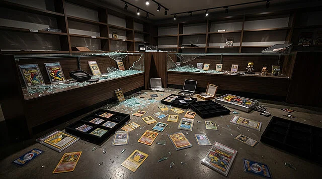 high value collectibles heist aftermath Magasin vandalisé avec des cartes éparpillées au sol.