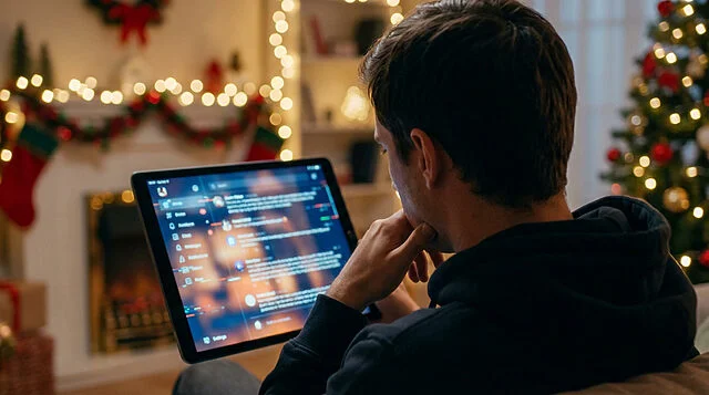 holiday digital focus Homme utilisant une tablette près du sapin de Noël.