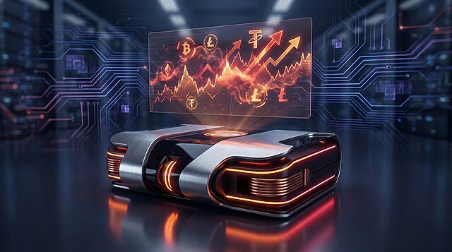 holographic crypto trends on next gen console Analyse de marché de cryptomonnaies sur écran futuriste.