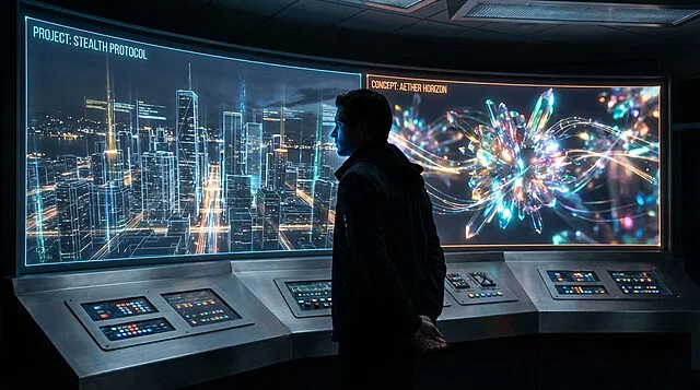 holographic futures stealth protocol and aether horizon Homme observant des écrans de haute technologie futuriste.