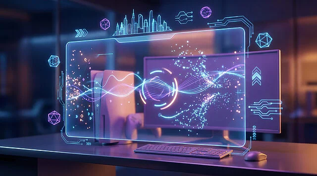 Écran avec graphismes futuristes et éléments numériques.
