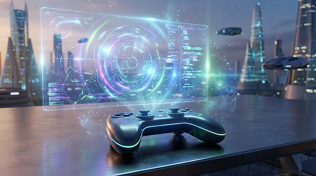 holographic gaming future Manette jeux futuriste avec interface holographique.