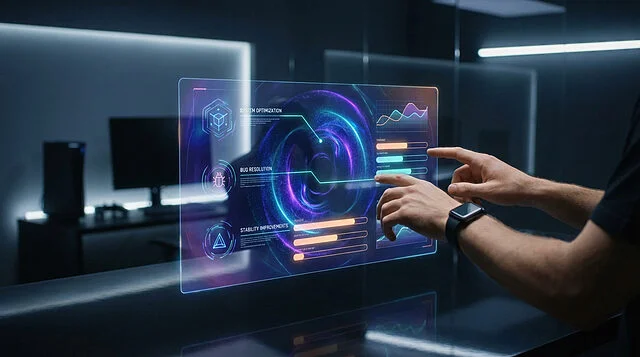 holographic gaming optimization Écran holographique moderne utilisé par une personne
