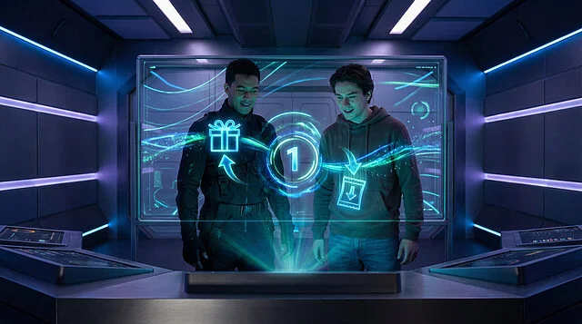 holographic rewards free content and season 1 Deux hommes devant écran holographique futuriste, effets lumineux.