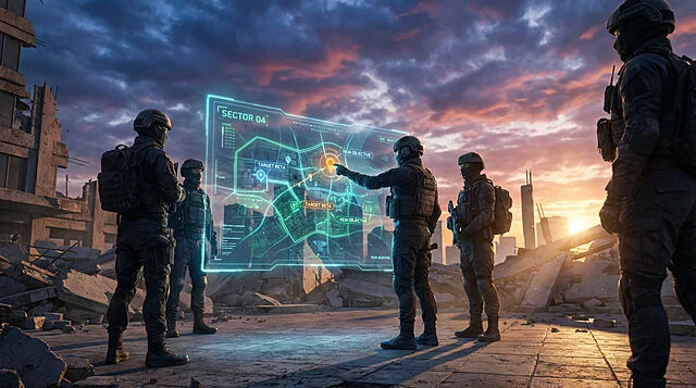 Soldats analysant carte holographique sur champ de bataille.