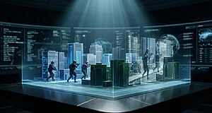 Simulation militaire dans une maquette de ville futuriste.