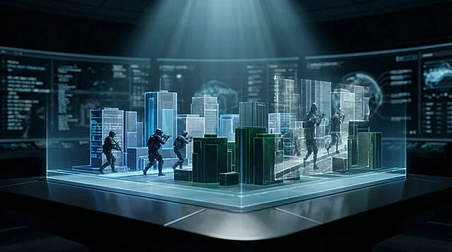 holographic urban combat the echo simulation Simulation militaire avec hologrammes de soldats et ville.