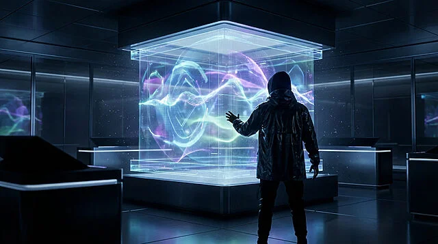holographic vision of gamings future Personne interagissant avec hologramme coloré dans pièce sombre.