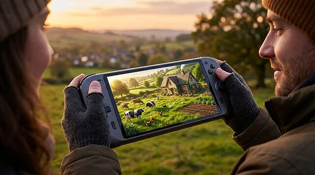 immersive farm gaming at golden hour Personne jouant à un jeu vidéo de ferme.