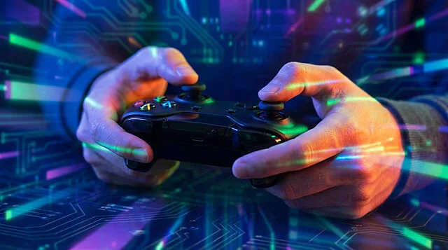 immersive gaming experience Personne tenant une manette de jeu vidéo.