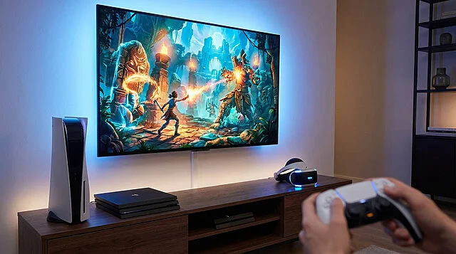 immersive playstation gaming ecosystem Salle de jeux moderne avec console et écran lumineux.