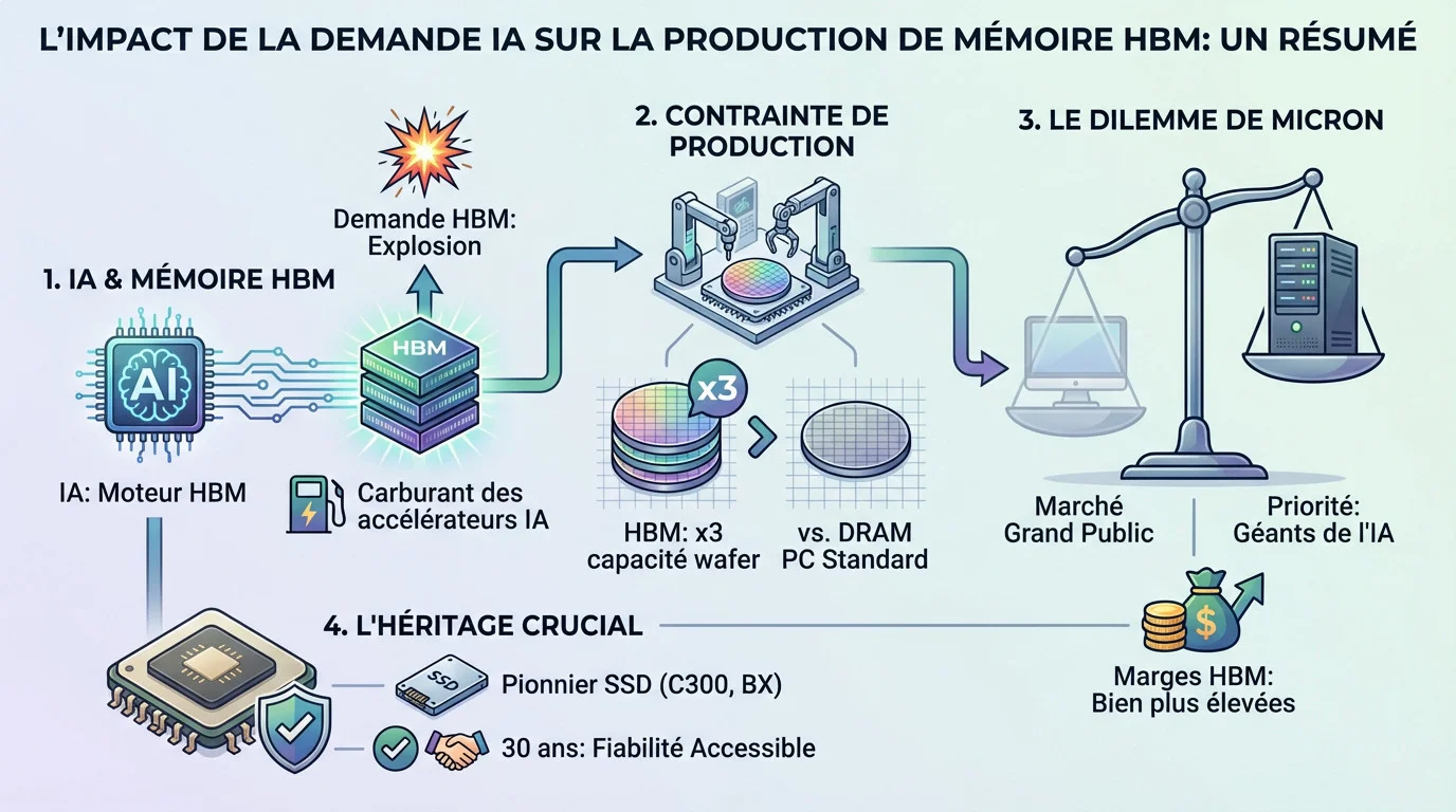 Schéma montrant l'impact de la production de mémoire HBM sur la capacité des wafers et les usines de semi-conducteurs