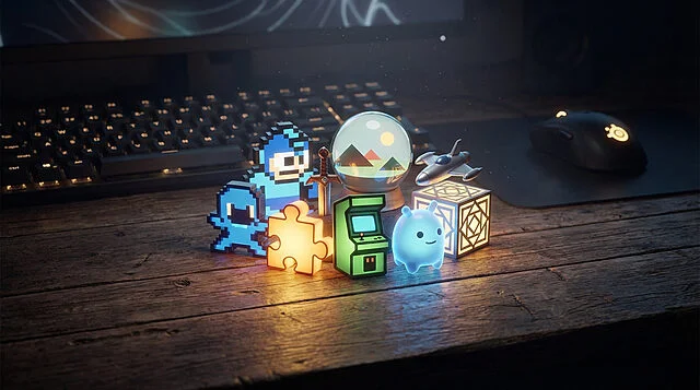 indie game gems a digital discovery Icônes rétro lumineuses sur bureau en bois
