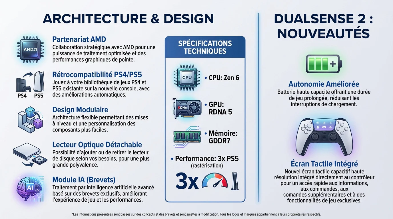 Infographie sur l'architecture technique attendue et les nouveautés de la manette DualSense 2 pour la PS6