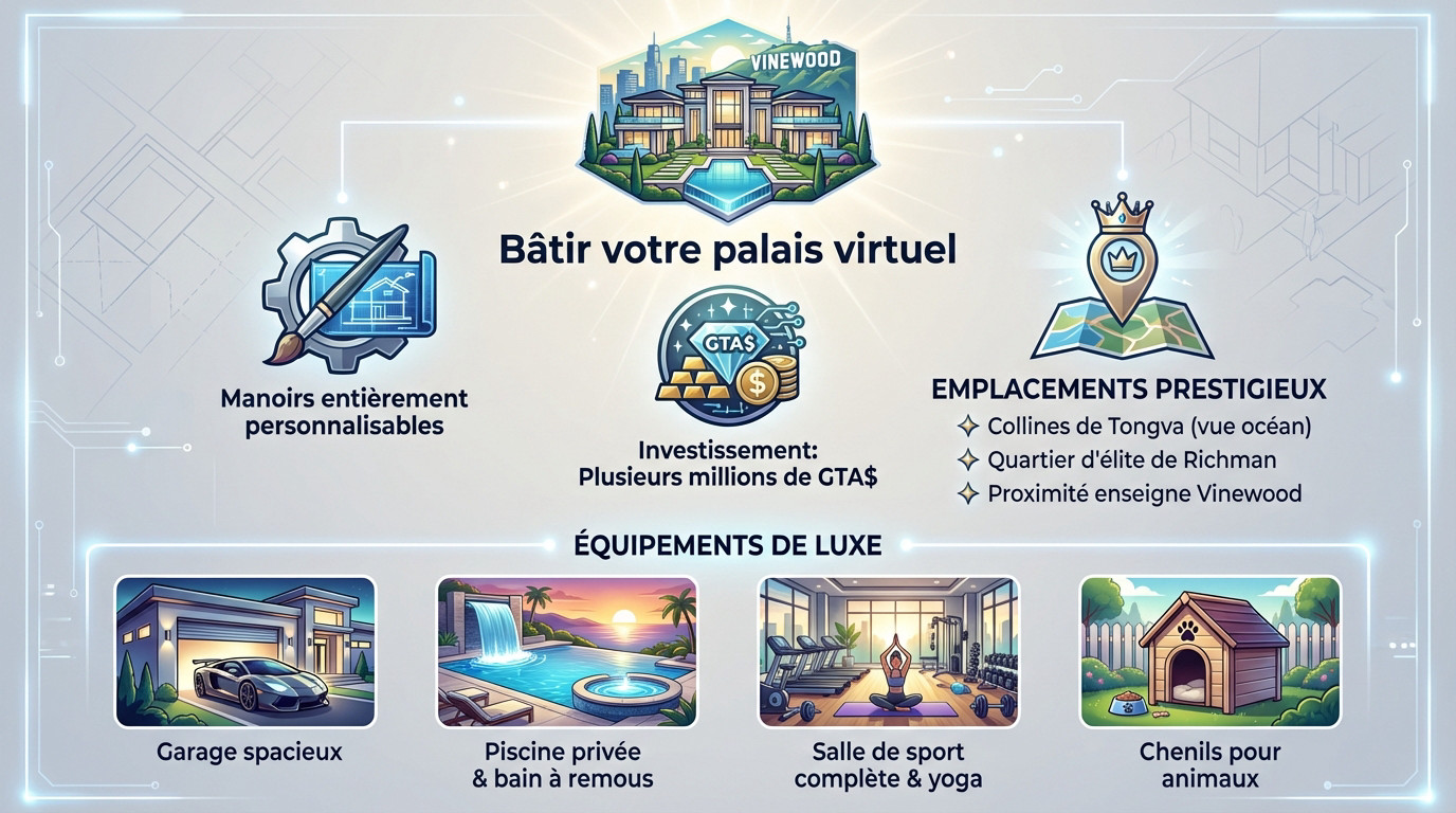 Infographie présentant les nouveaux manoirs de luxe à Vinewood Hills dans le DLC GTA Online