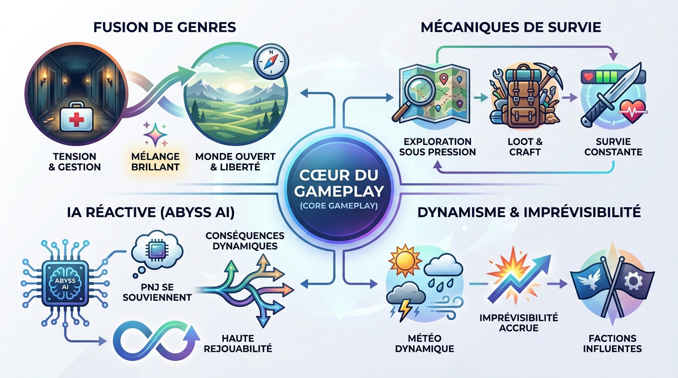 Infographie détaillant les mécaniques de survie et le système d'IA de The Path Into The Abyss