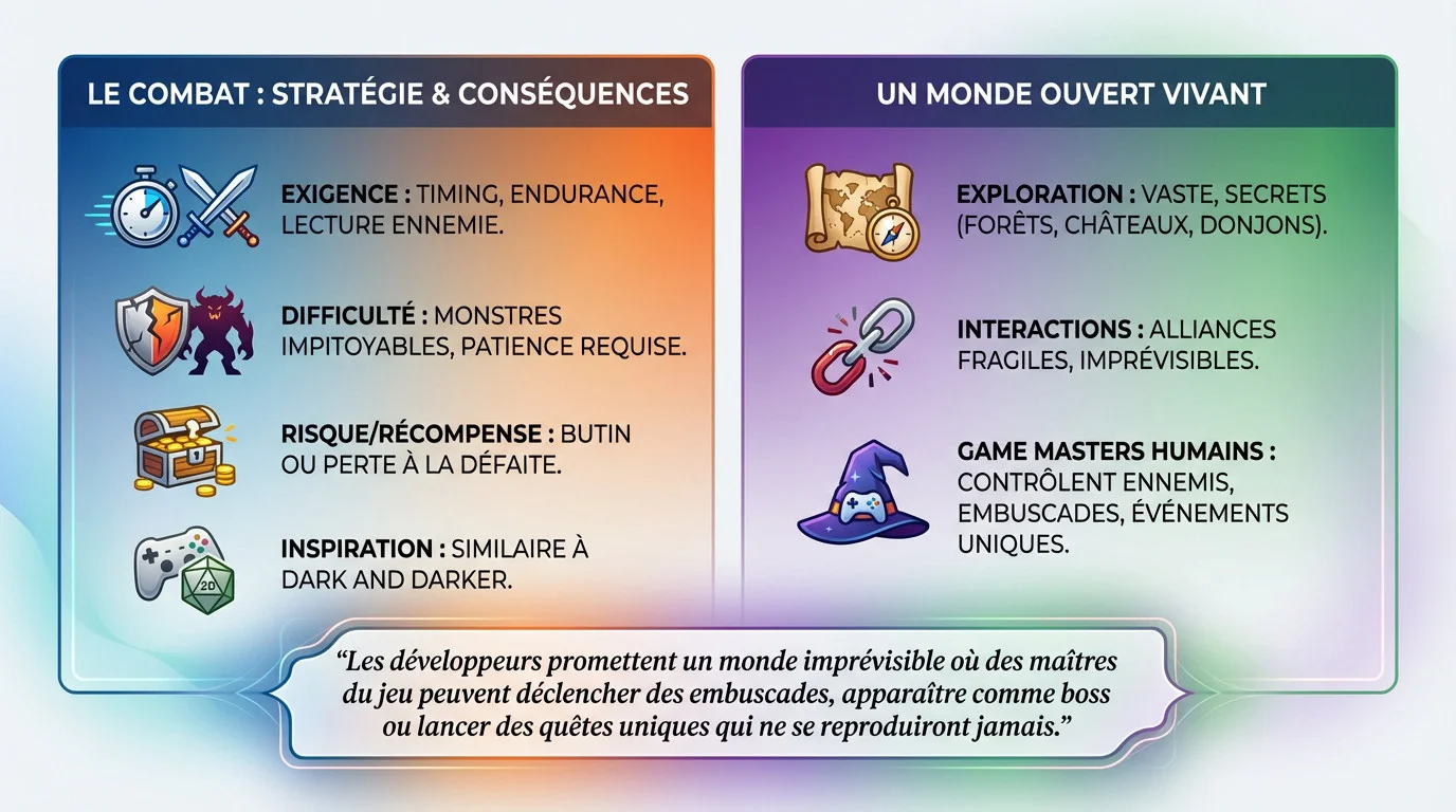 Infographie illustrant le combat stratégique et le monde ouvert dynamique de Dark Craft