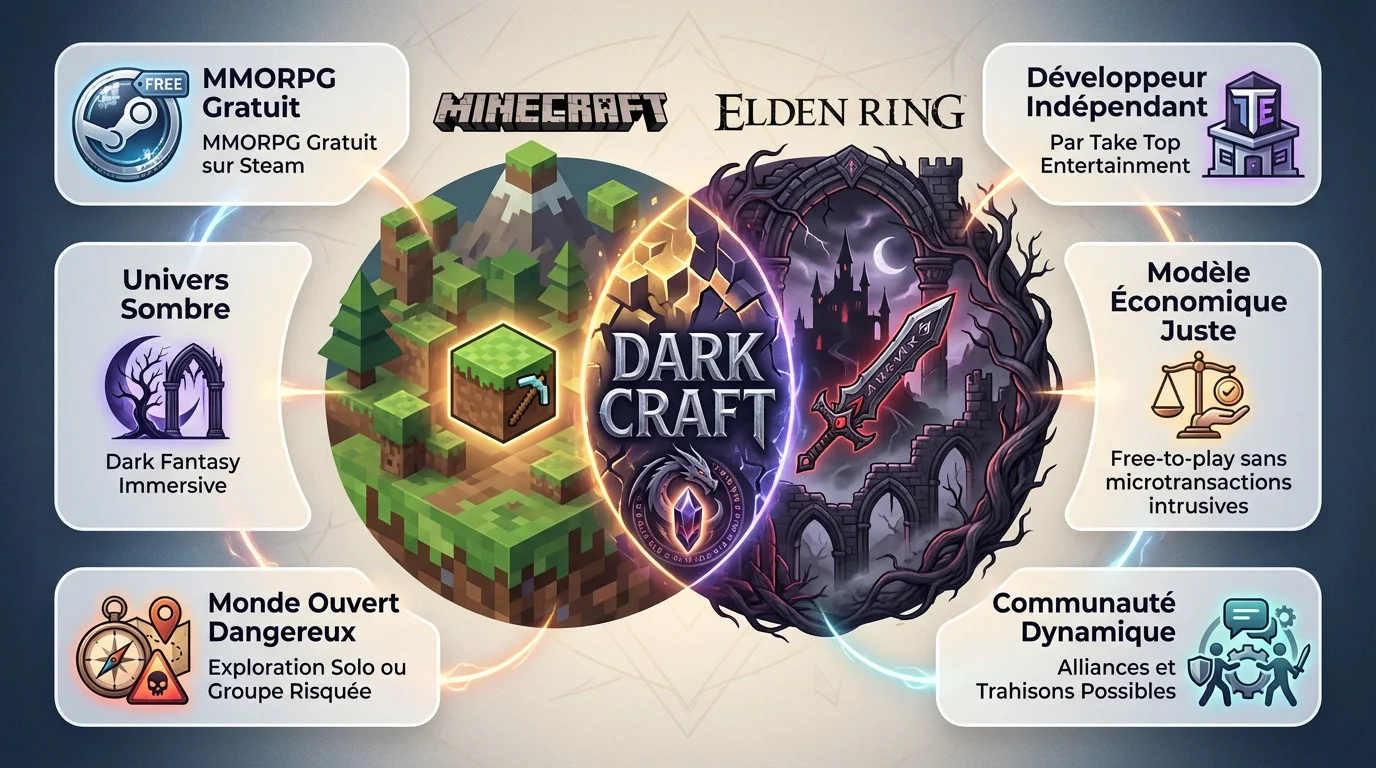 Infographie illustrant la fusion du style Minecraft et du gameplay Souls-like dans Dark Craft