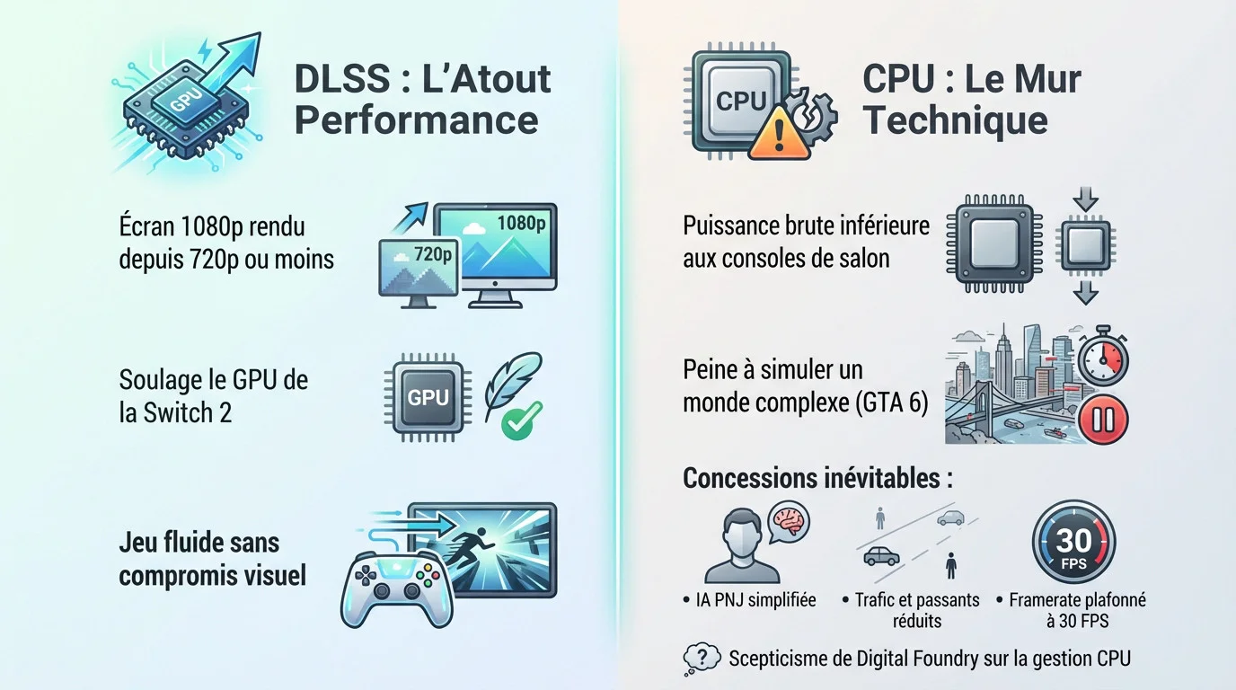 Infographie comparant l'apport du DLSS face aux limitations du CPU pour GTA 6 sur Switch 2
