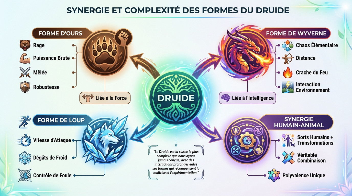 Infographie détaillant les trois formes animales du Druide dans Path of Exile 2 et leurs synergies élémentaires