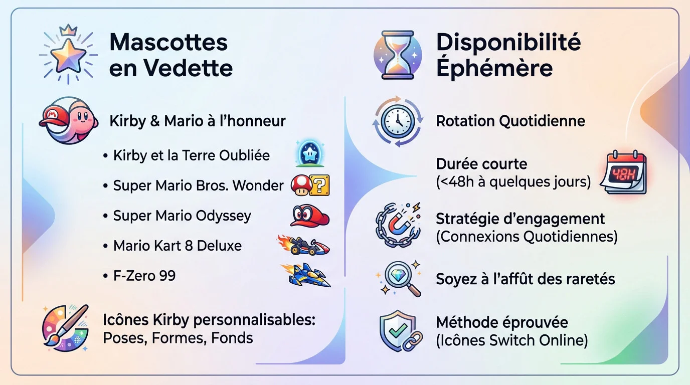 Infographie présentant les mascottes Nintendo Mario et Kirby avec les offres éphémères de fin d'année