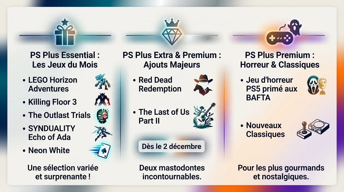 Infographie présentant les jeux PlayStation Plus Essential, Extra et Premium de décembre