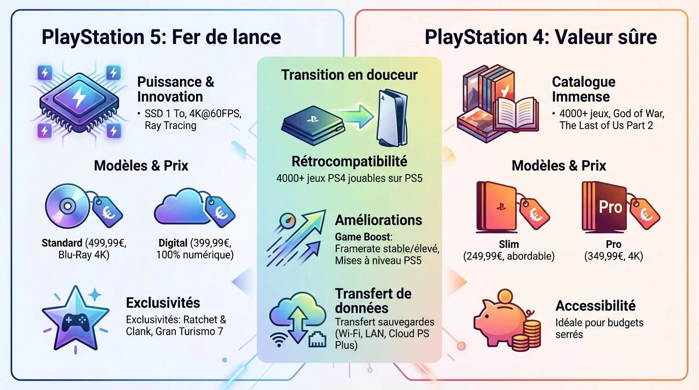 Infographie comparant la PS5 et la PS4 montrant la transition et la complémentarité entre les deux consoles