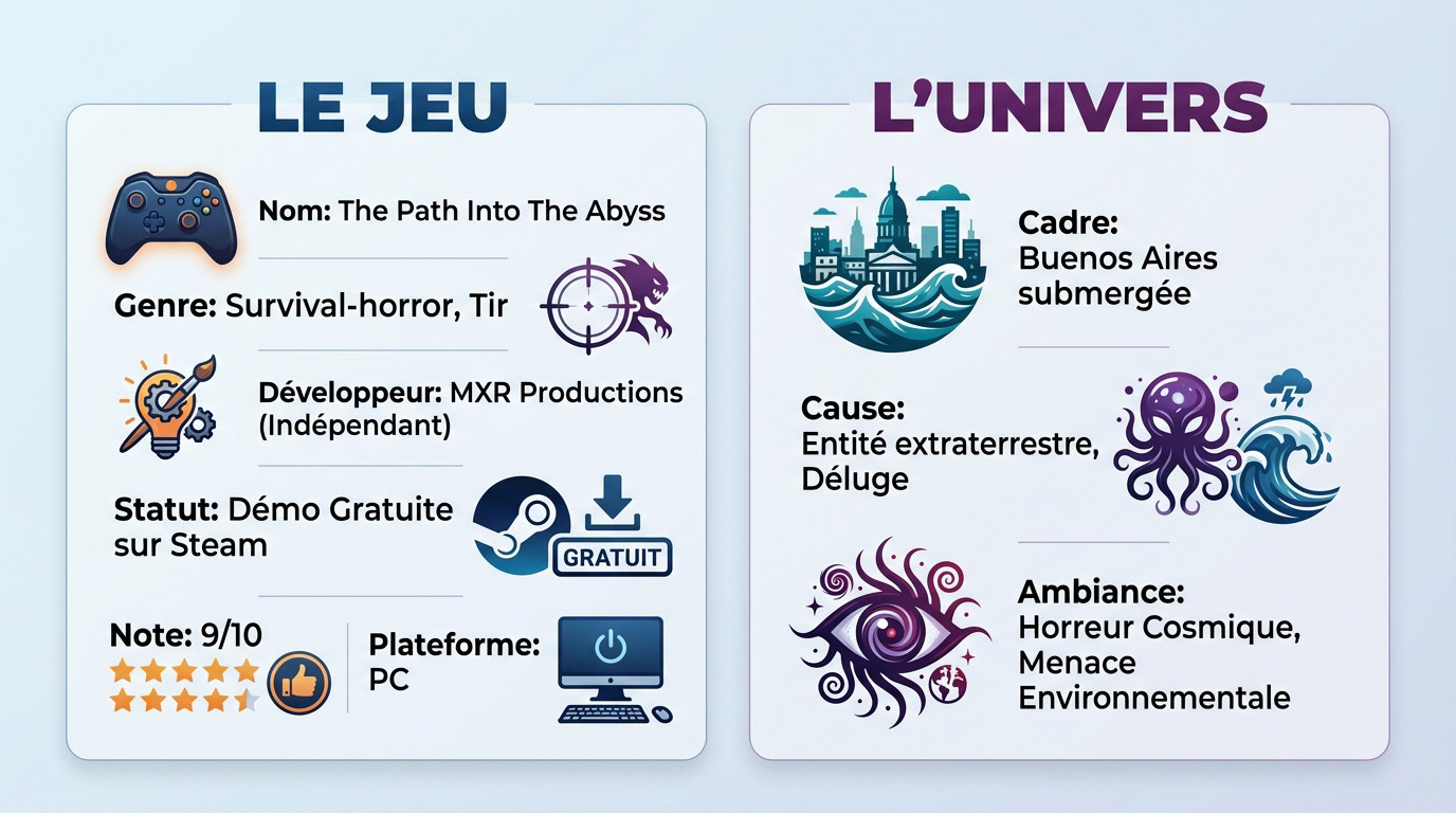 Infographie présentant l'univers inondé et le gameplay de The Path Into The Abyss